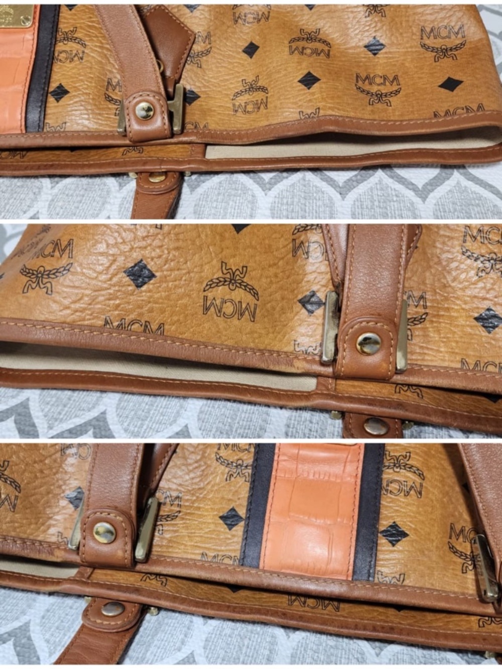 Authentic MCM Visetos Shopper Stripe XL Tote Bag Brown/Peach - Picture 12 of 14